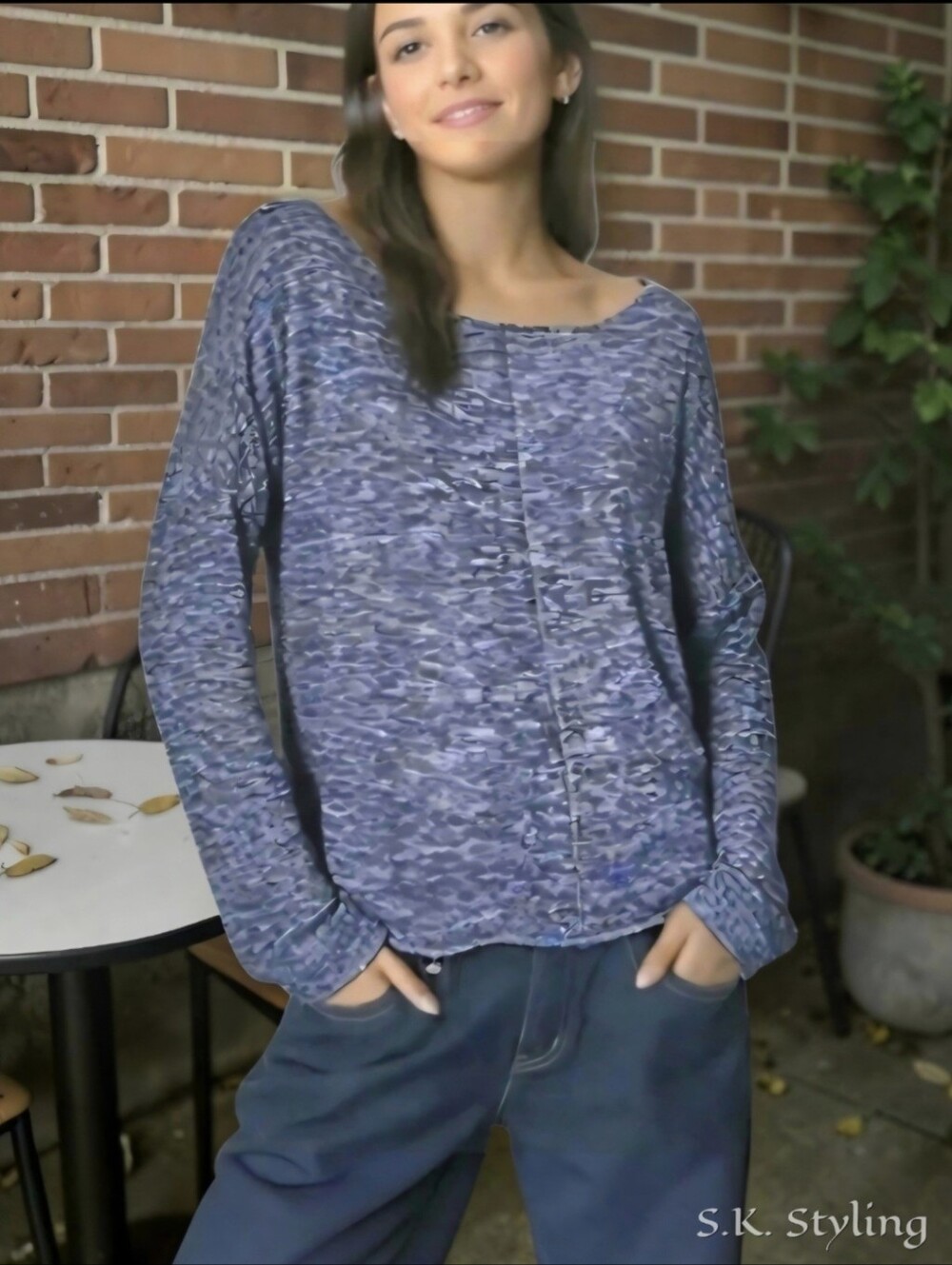 Zara Knit Blue Boxy Relaxed/Oversized Hi-Low Sweater Top Rolled Edges size M/L
